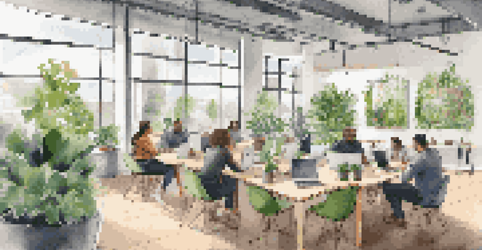 A modern coworking space with diverse individuals collaborating on real estate projects, large windows, contemporary furniture, and a digital screen showing investment opportunities.