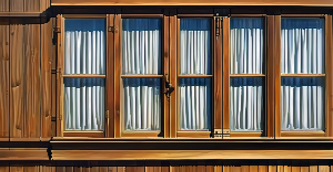 A close-up view of a wooden window with a sash lock, sunlight illuminating its texture.