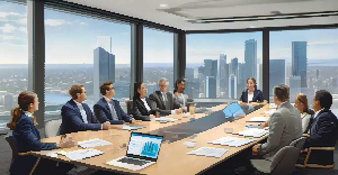 A diverse group of investors in a conference room discussing real estate, with city skyline visible through large windows.