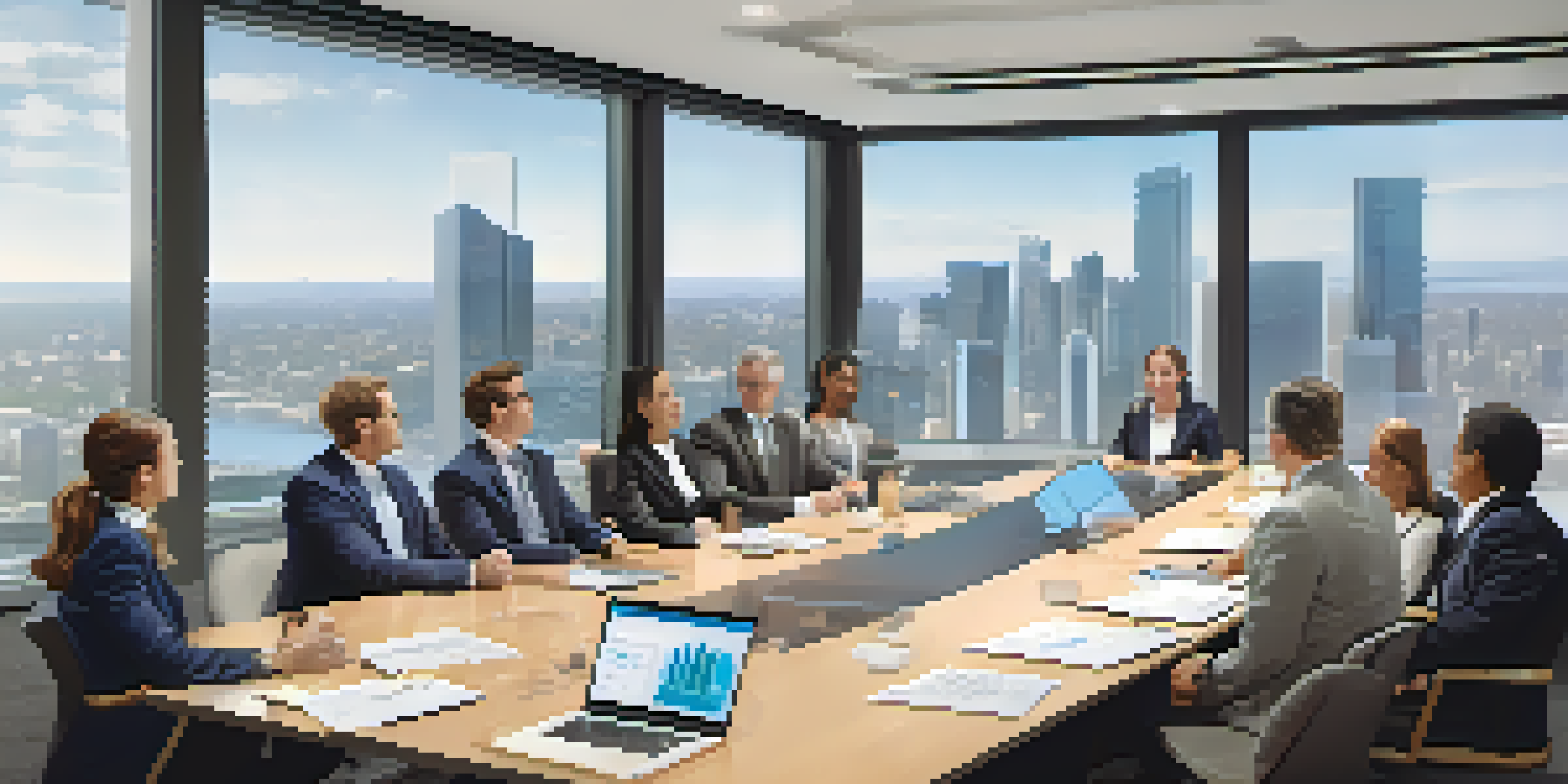 A diverse group of investors in a conference room discussing real estate, with city skyline visible through large windows.