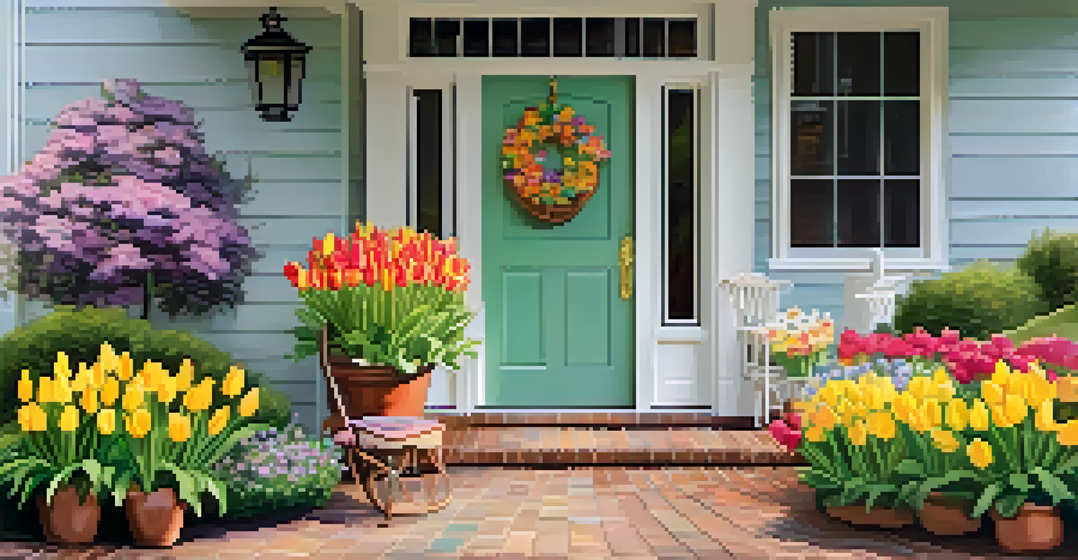 A lively spring entrance with a light door, flower baskets, a floral welcome mat, and a table of fresh flowers.