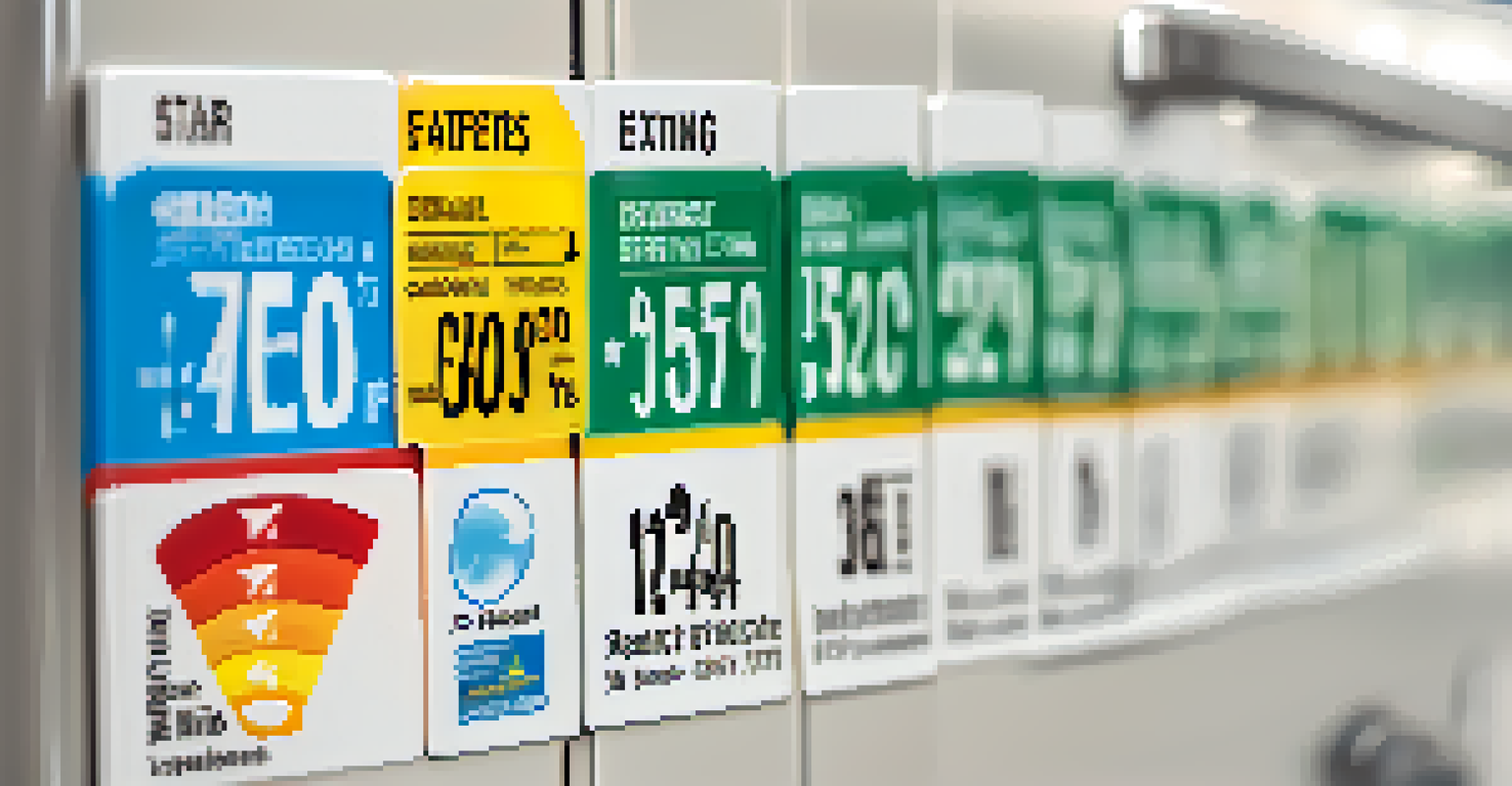 A close-up of an energy efficiency label on a refrigerator, displaying the Energy Star logo and energy consumption details, set against a blurred kitchen background.