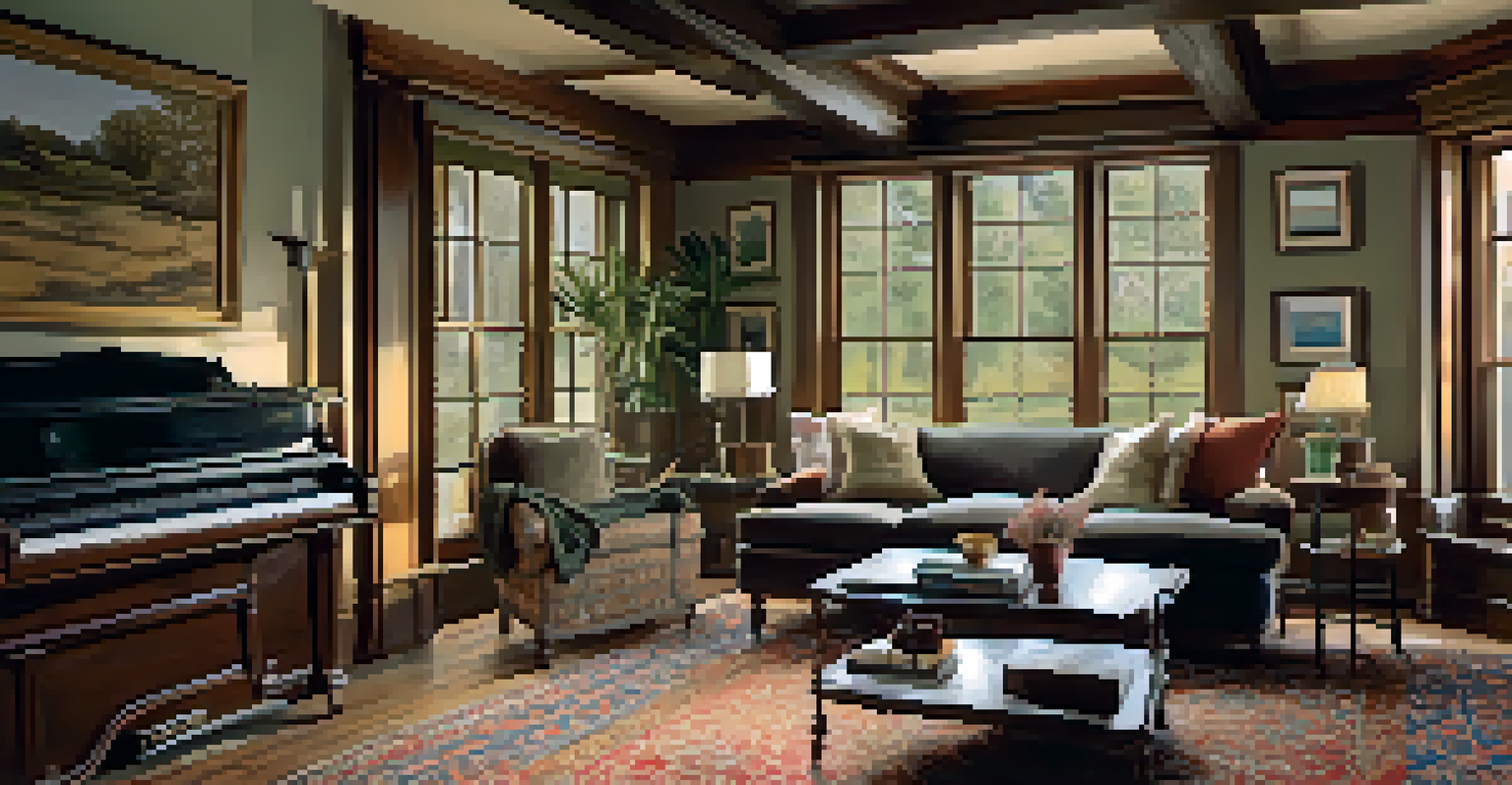 A cozy living room in a historic home with vintage furniture and natural light, highlighting wooden beams and a vintage rug.