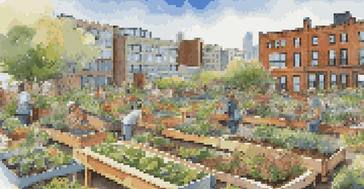 Community garden on a green roof with people gardening and relaxing among plants.