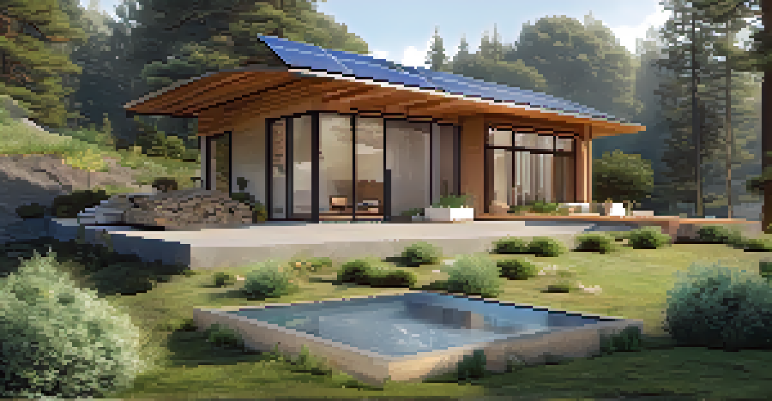 A modern sustainable home with solar panels, a rainwater harvesting system, and a vegetable garden, surrounded by lush greenery.