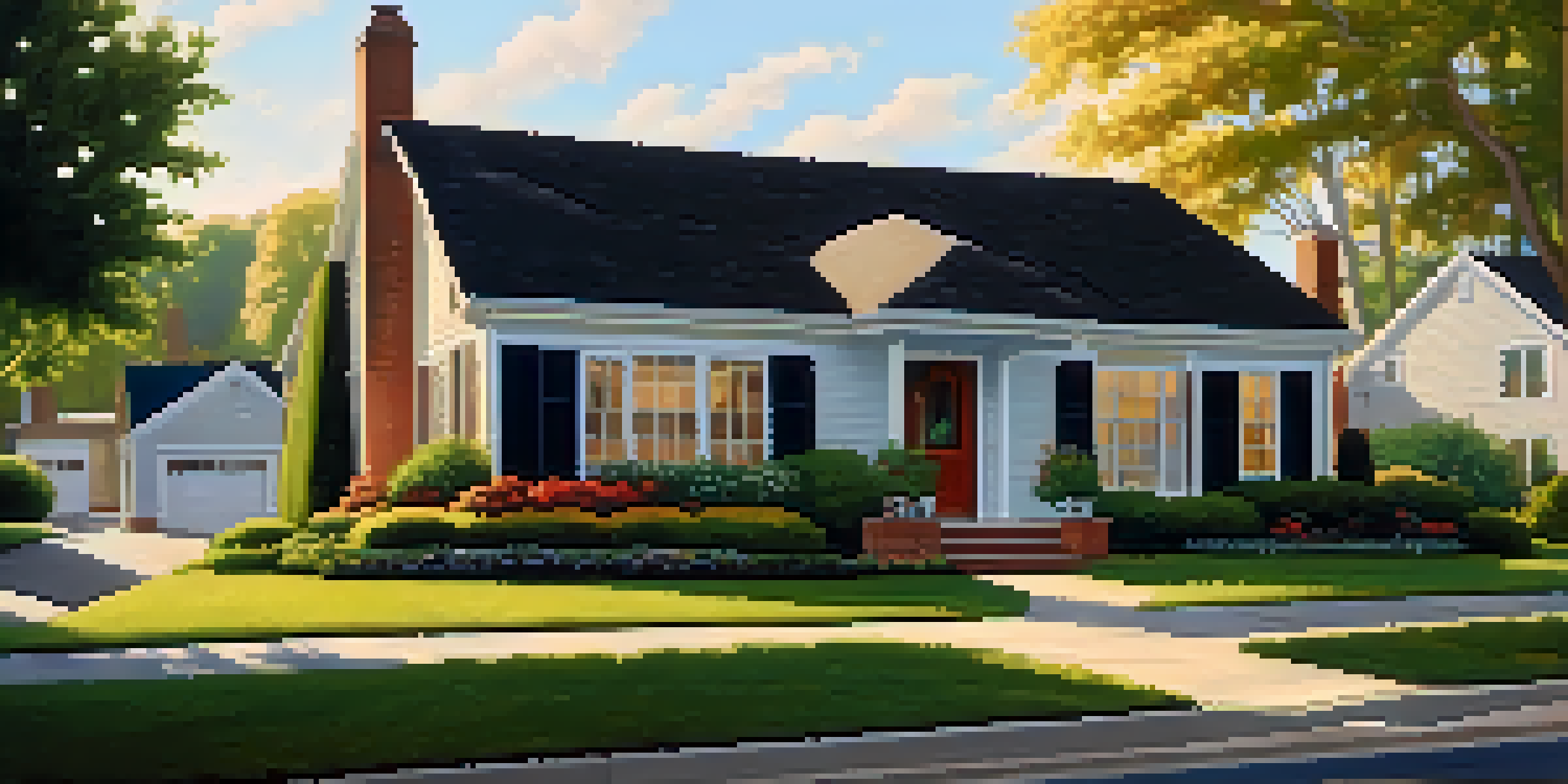 A picturesque suburban home with a green lawn and clear blue sky, surrounded by similar houses.