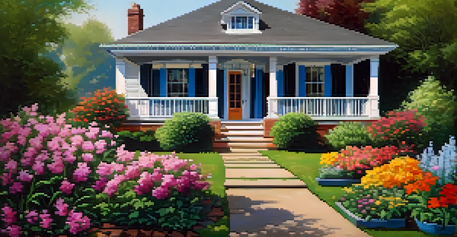 A beautiful home with a colorful garden full of flowers and a charming porch.