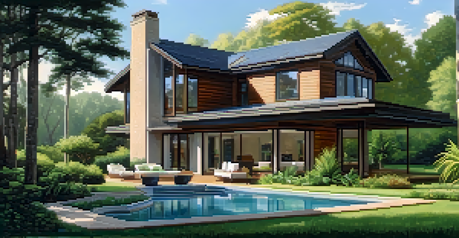 A tranquil house surrounded by greenery, showcasing eco-friendly construction with low-VOC materials.