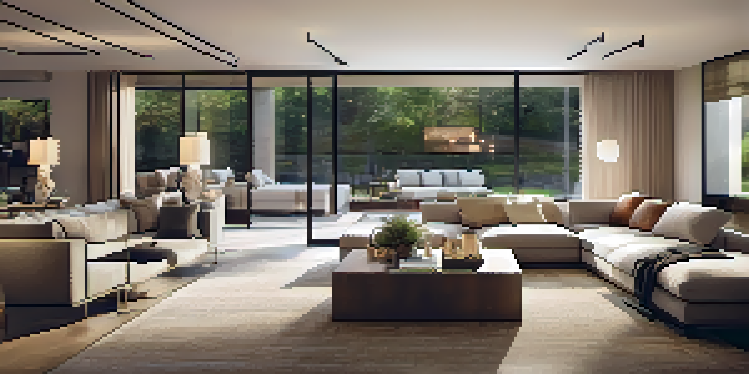 A bright and spacious open floor plan living area with cozy sofas and a dining area, illuminated by smart lighting.