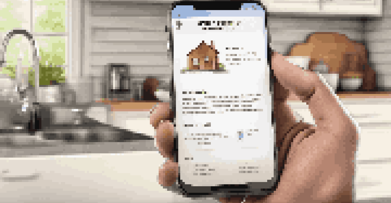 A close-up of a hand holding a smartphone with a home warranty app, with a well-maintained kitchen in the background.