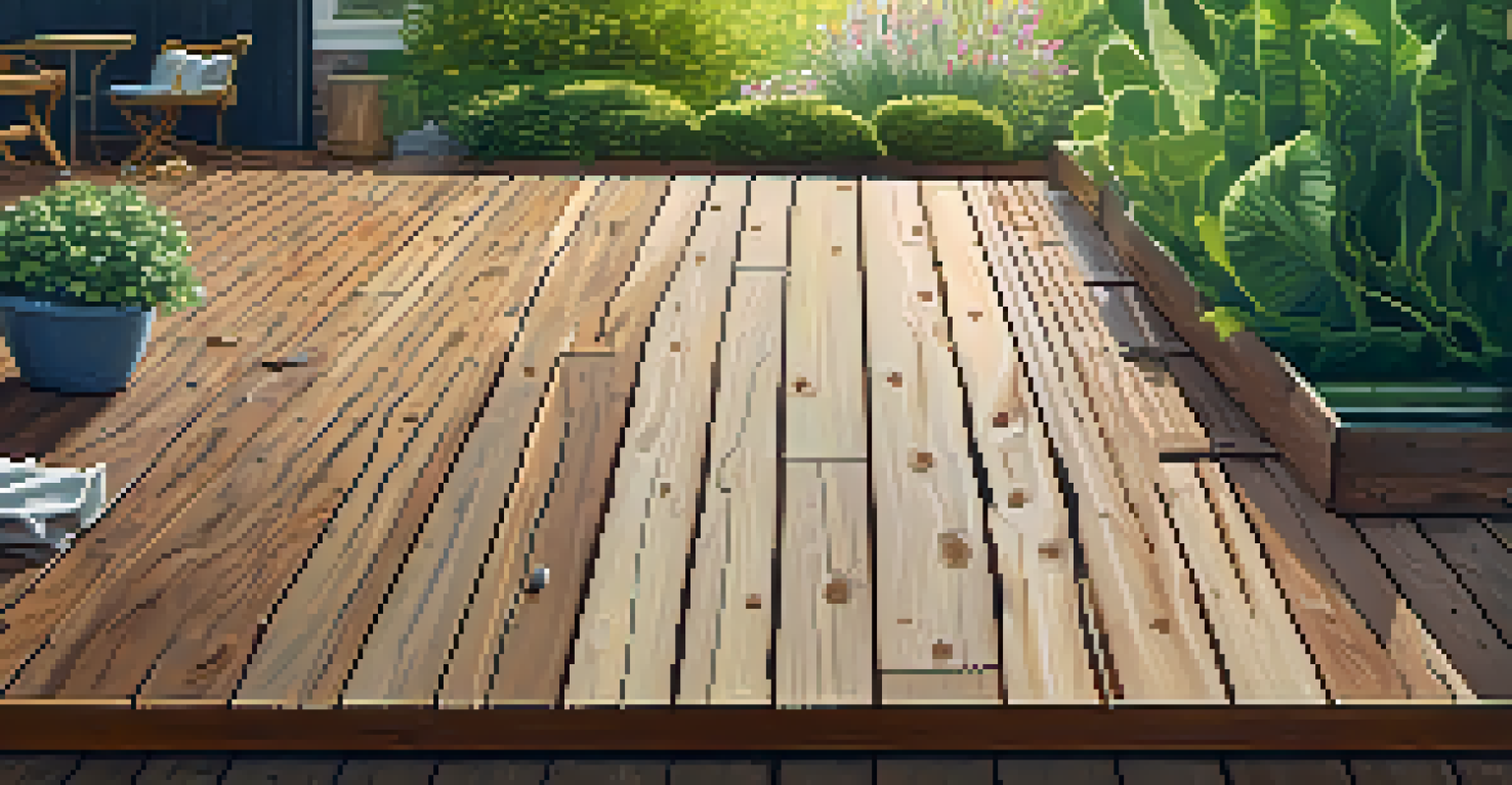A close-up of a wooden deck being sealed, showcasing the wood texture and application tools.