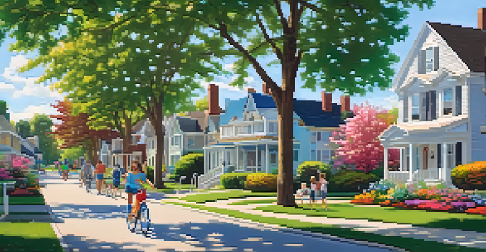 A sunny suburban street with houses, green lawns, and a family having a picnic in the backyard.