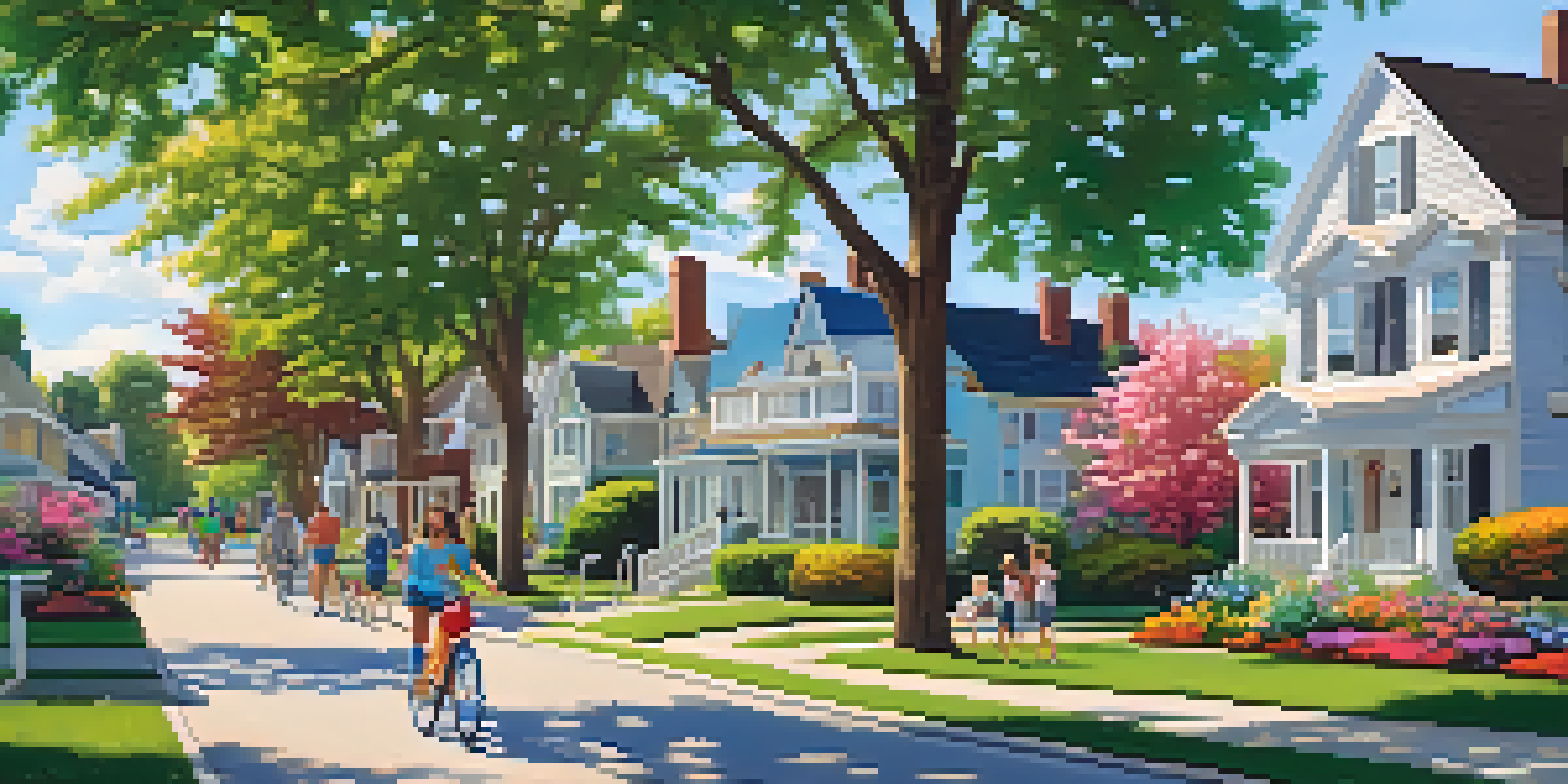 A sunny suburban street with houses, green lawns, and a family having a picnic in the backyard.