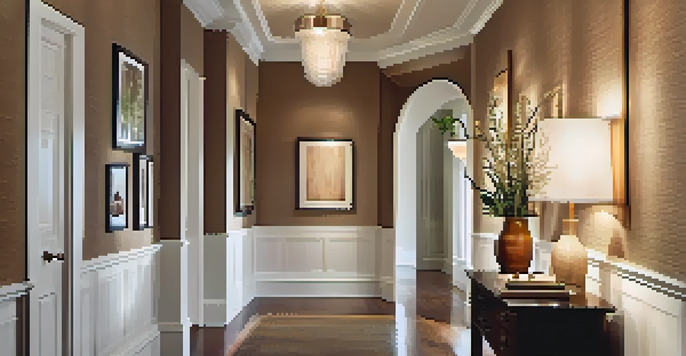 A well-lit hallway with warm wall sconces and framed artwork, featuring a pendant light at the end.