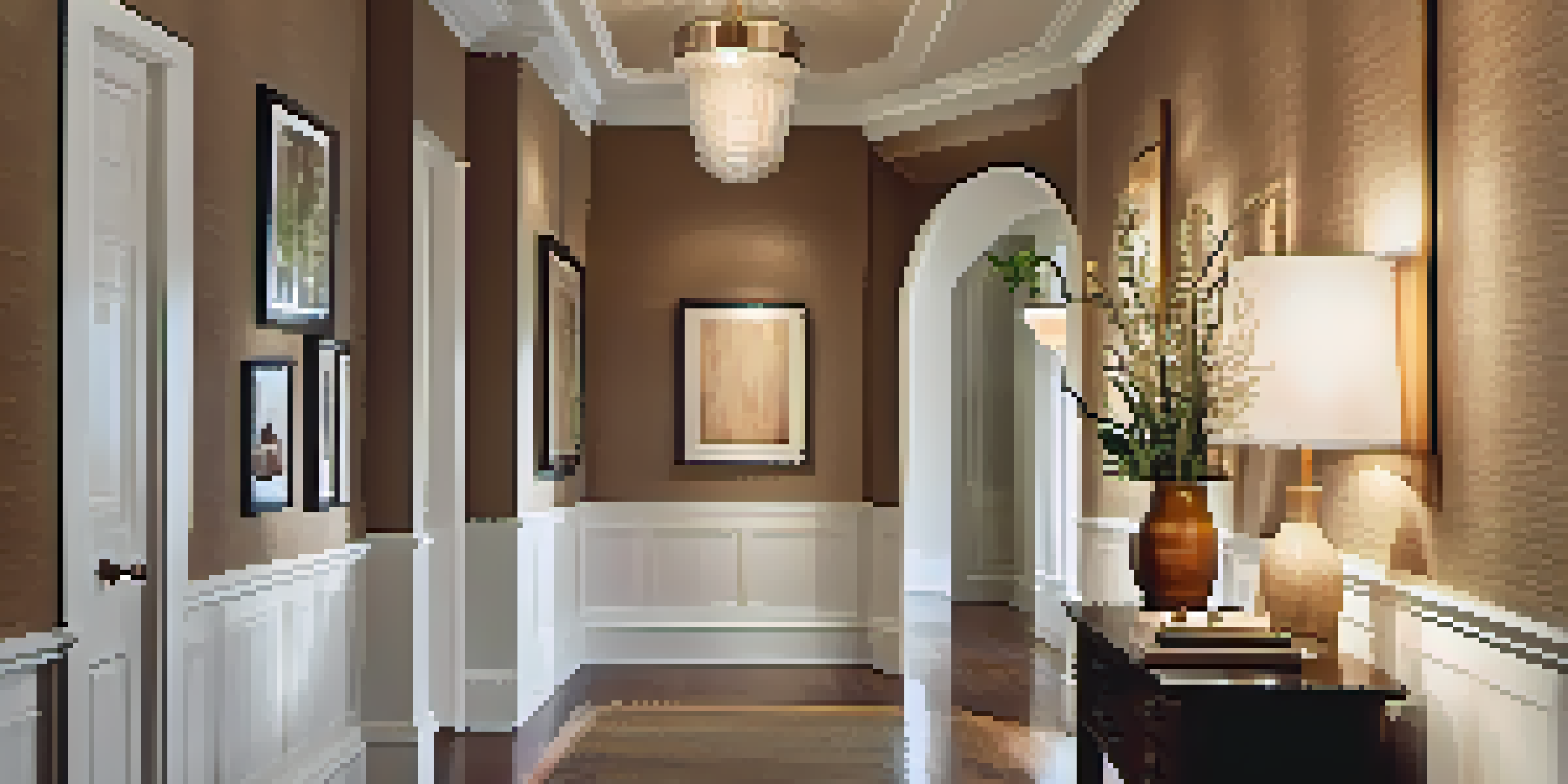 A well-lit hallway with warm wall sconces and framed artwork, featuring a pendant light at the end.
