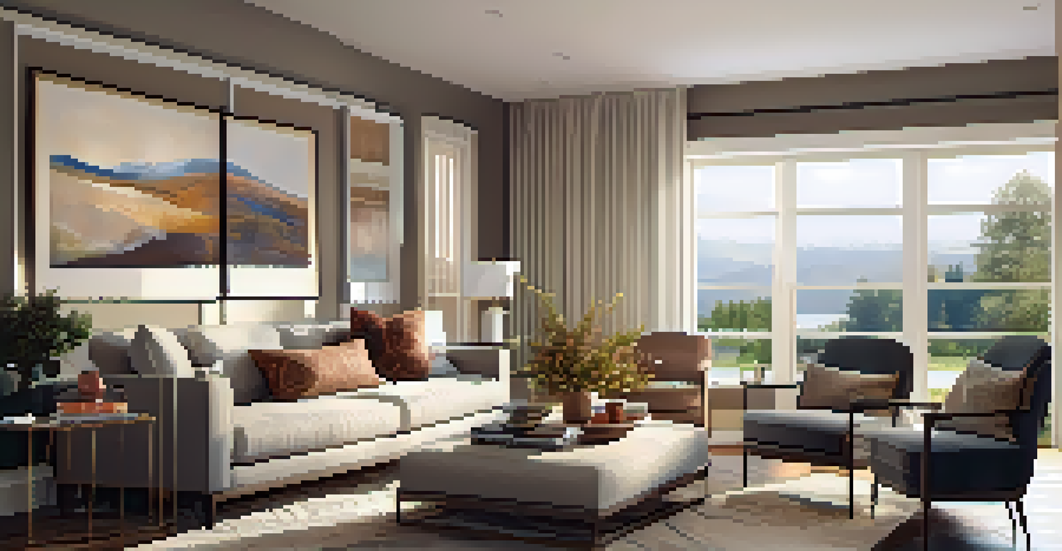 A modern living room featuring a plush sofa, stylish coffee table, and large windows that let in natural light, decorated with artwork.