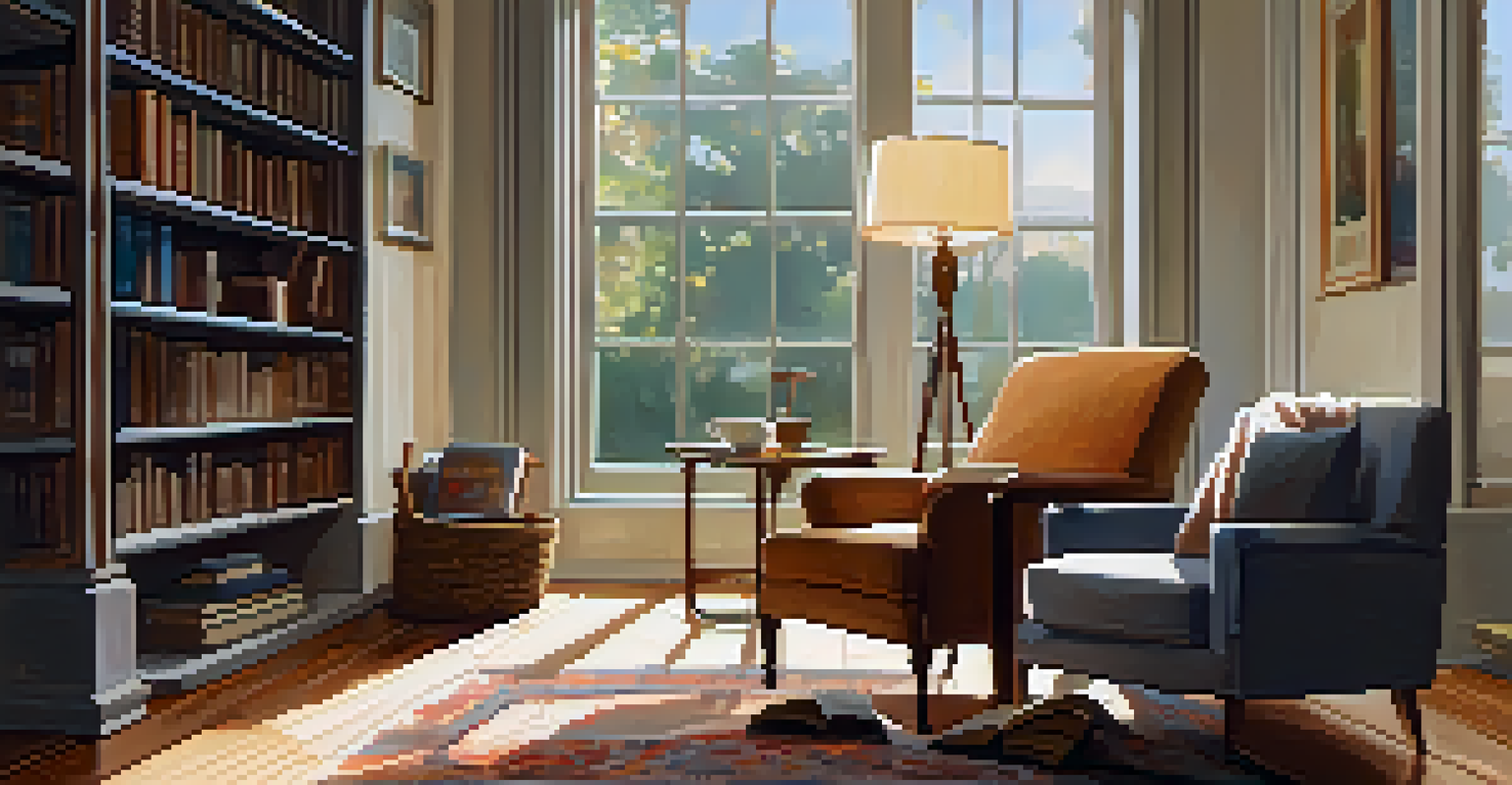 A reading nook in a living room with a vintage armchair, bookshelf, side table with a cup of tea, and natural light streaming in from a window.