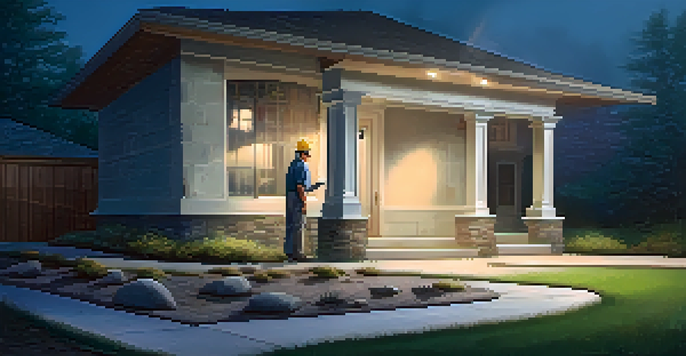 A home inspector checking the foundation of a house with a flashlight, surrounded by a well-maintained yard.