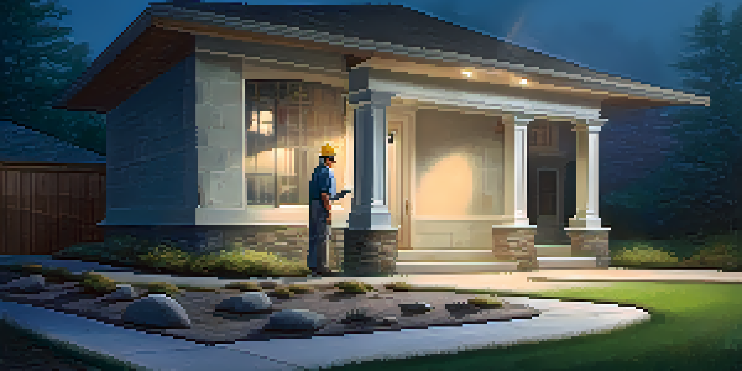A home inspector checking the foundation of a house with a flashlight, surrounded by a well-maintained yard.