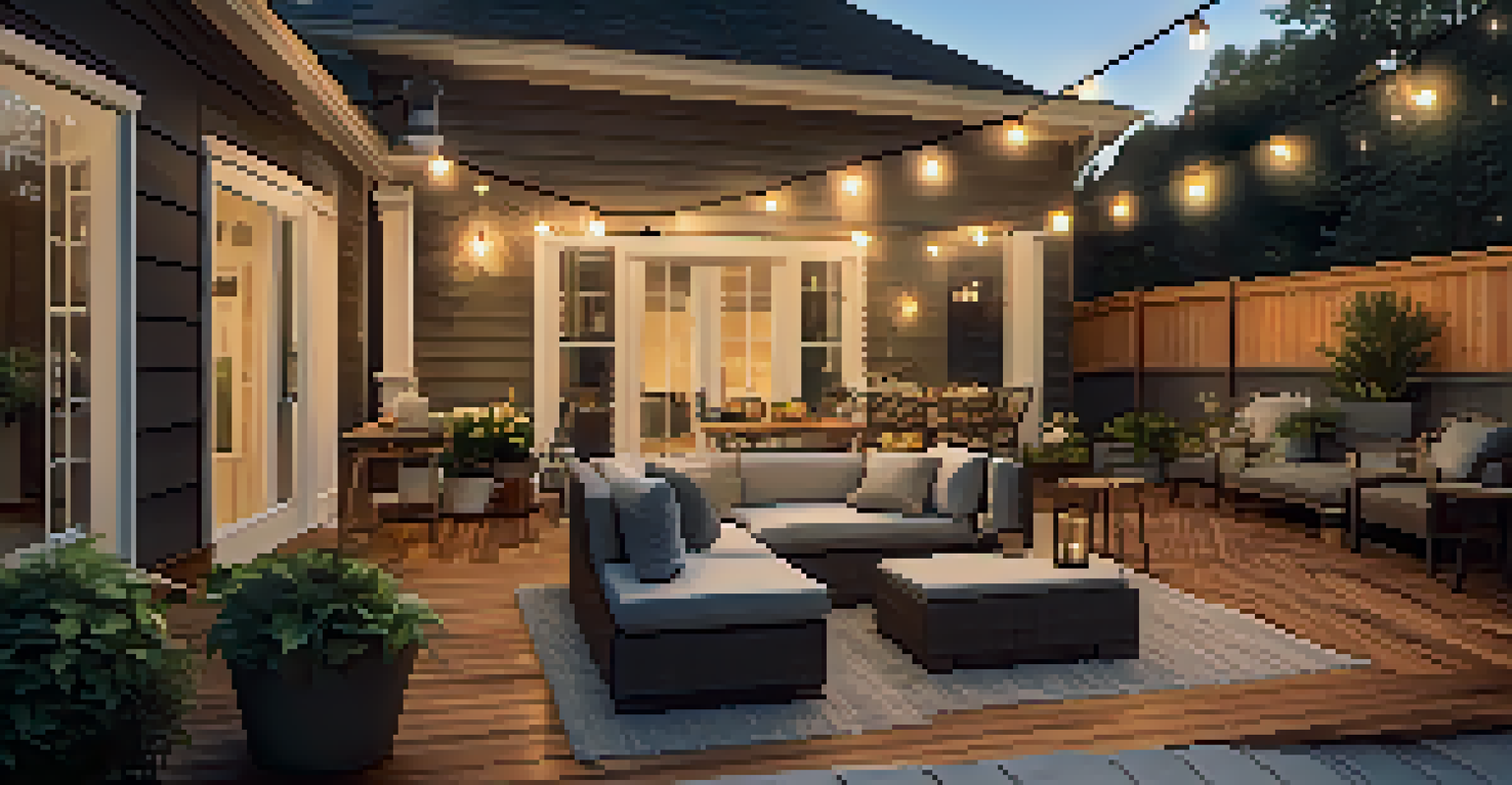 A renovated backyard with a wooden deck, outdoor furniture, and string lights during sunset.