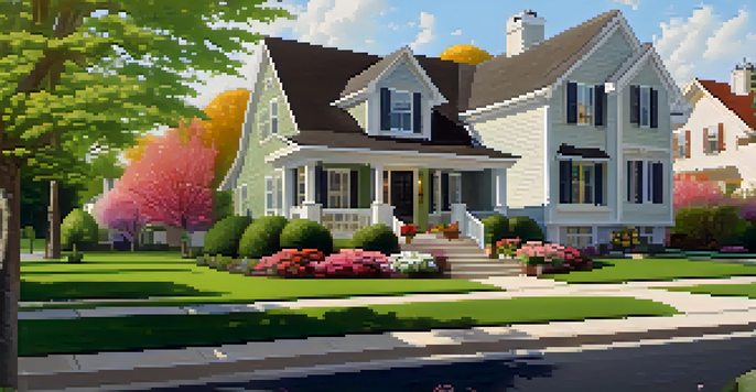 A warm suburban neighborhood at sunset with families walking and colorful houses.