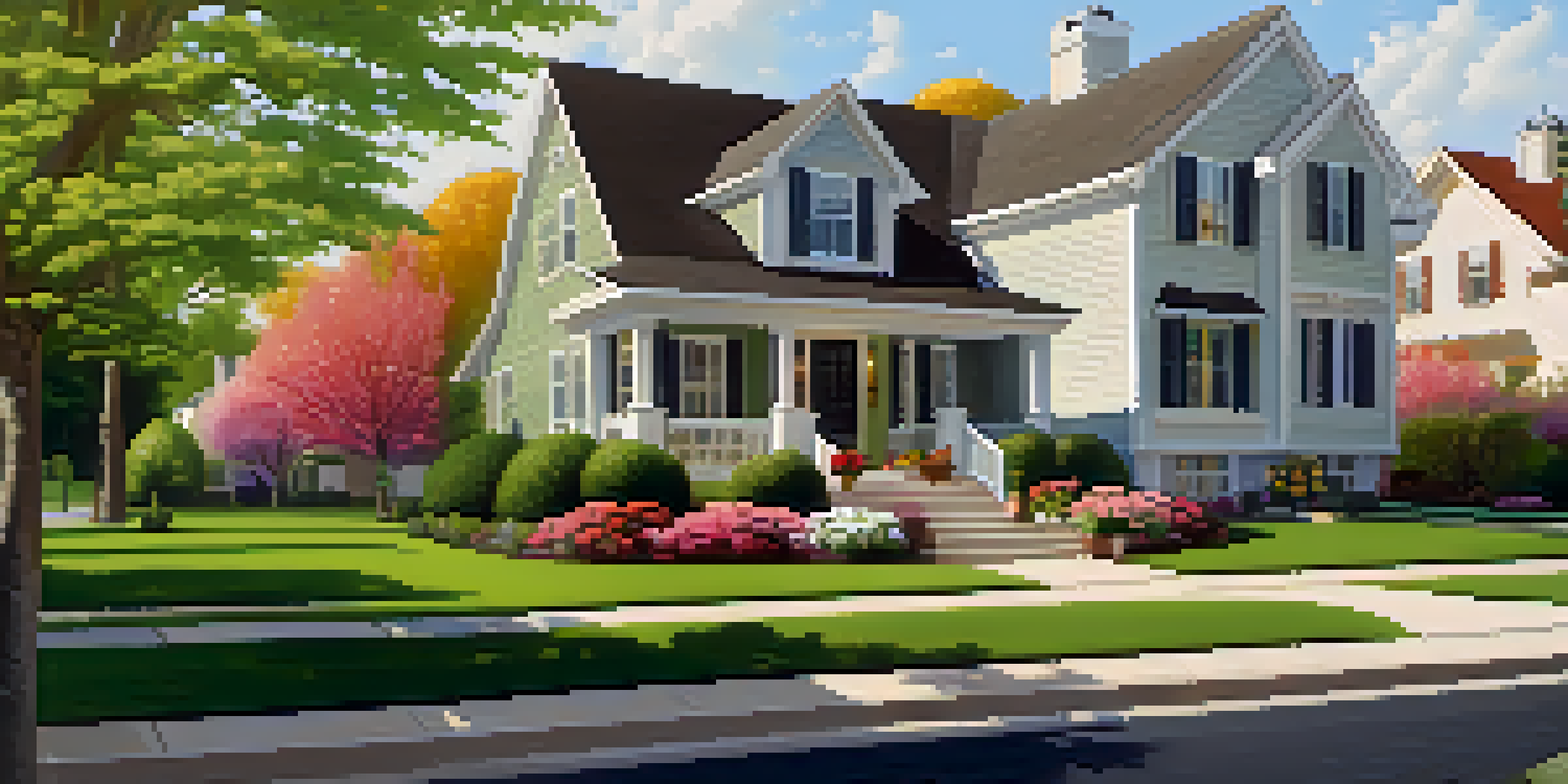 A warm suburban neighborhood at sunset with families walking and colorful houses.