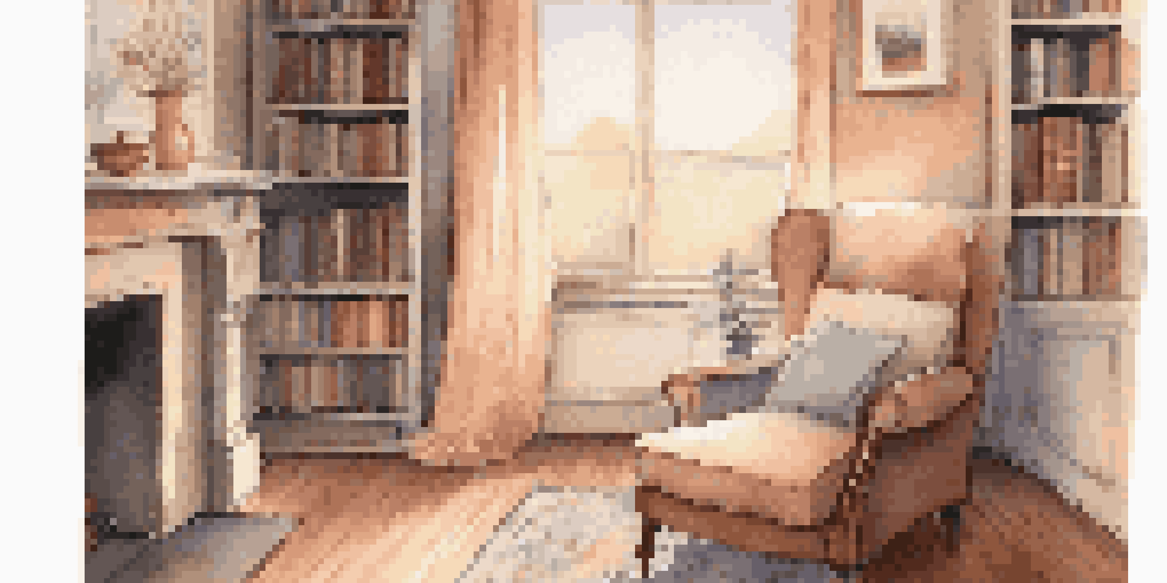 A cozy reading nook with an armchair, natural light from a window, and a stack of books on a side table.