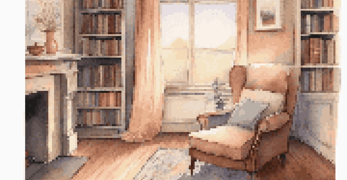 A cozy reading nook with an armchair, natural light from a window, and a stack of books on a side table.
