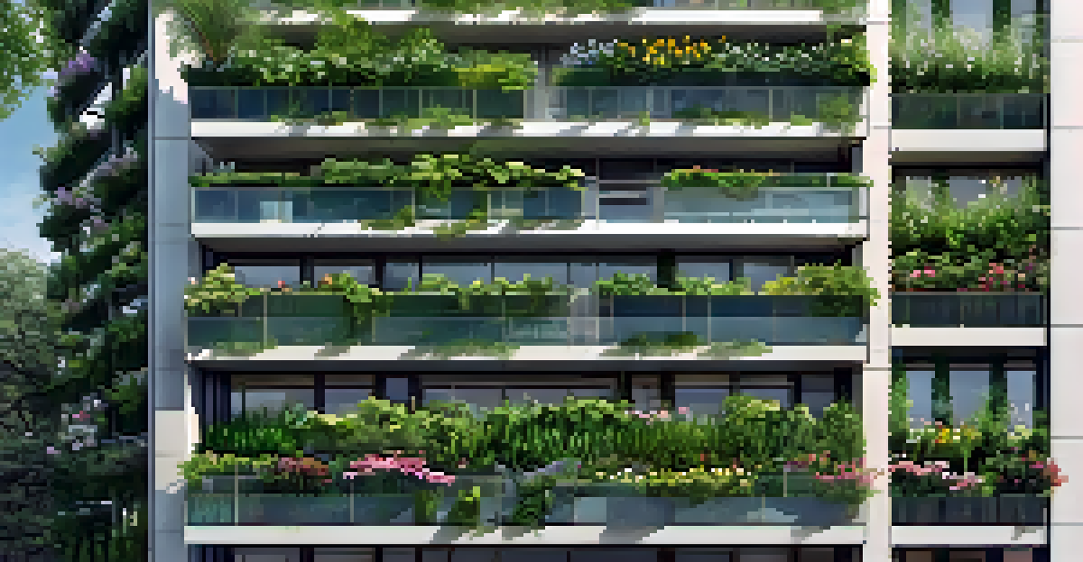 A vertical garden on a high-rise building with diverse plants and flowers, creating a beautiful contrast with the concrete, illuminated by sunlight.