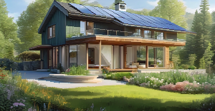 A cozy home with sustainable insulation, surrounded by nature and blooming flowers.