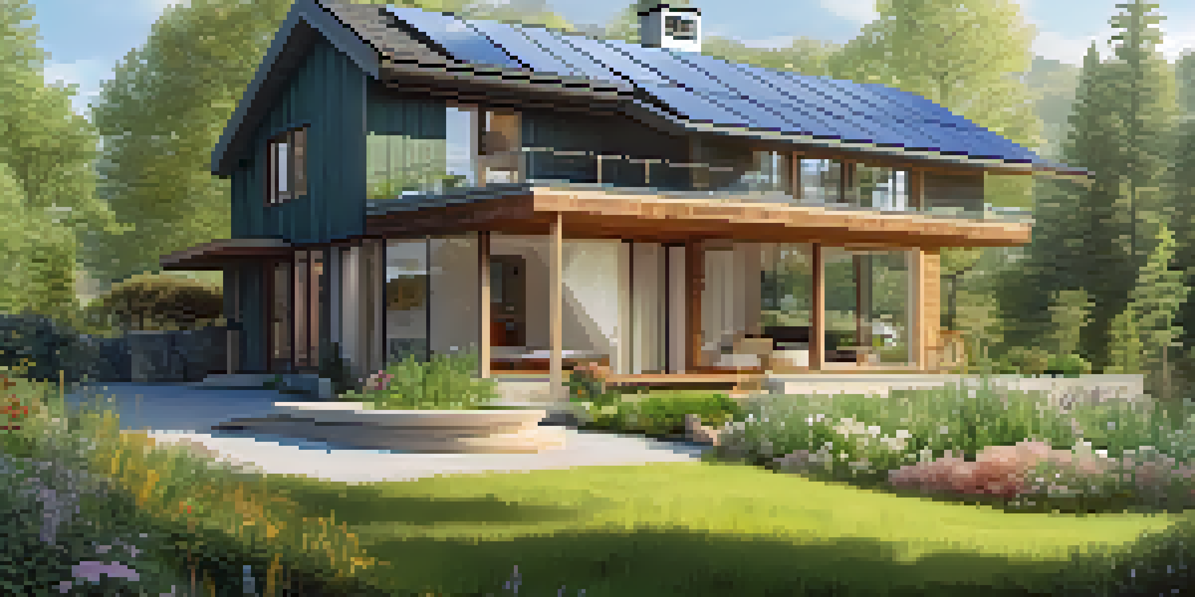 A cozy home with sustainable insulation, surrounded by nature and blooming flowers.