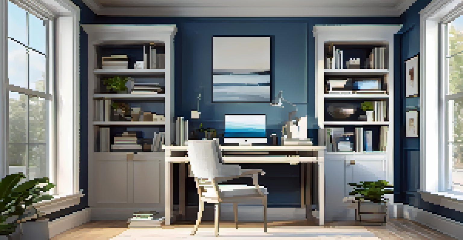A stylish home office with a desk, computer, and shelves of books, illuminated by bright sunlight from large windows.