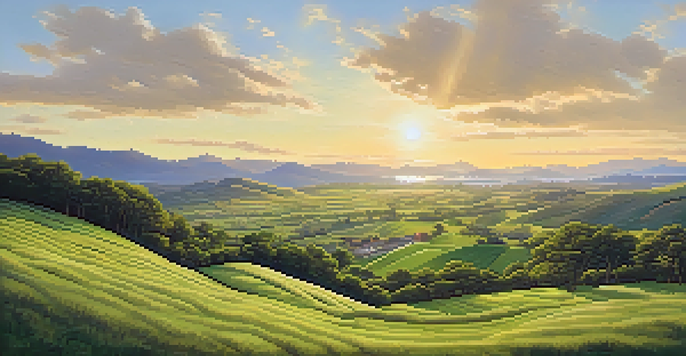 A scenic view of a green landscape with a plot of raw land, hills, and mountains under a clear blue sky.