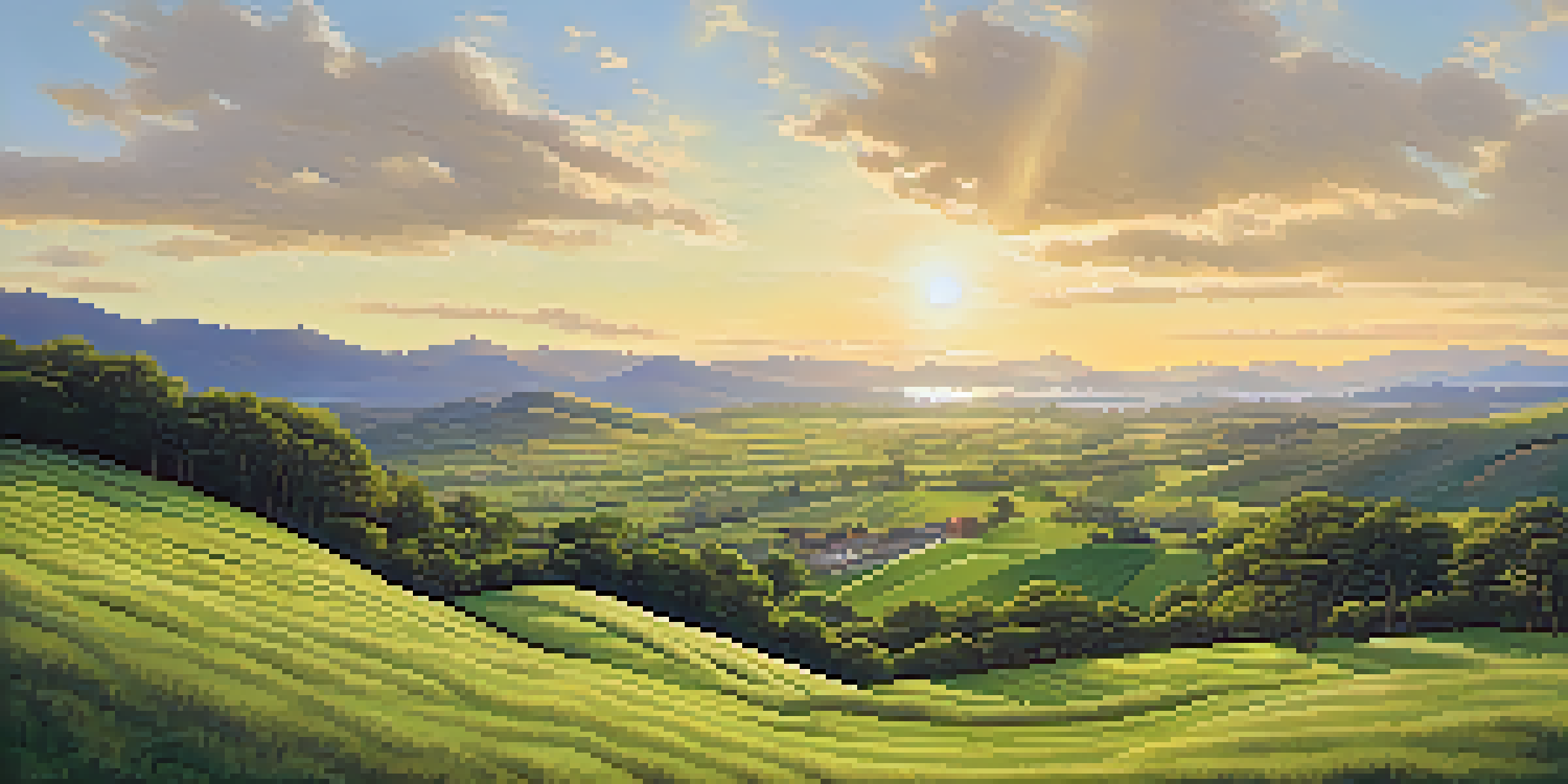 A scenic view of a green landscape with a plot of raw land, hills, and mountains under a clear blue sky.