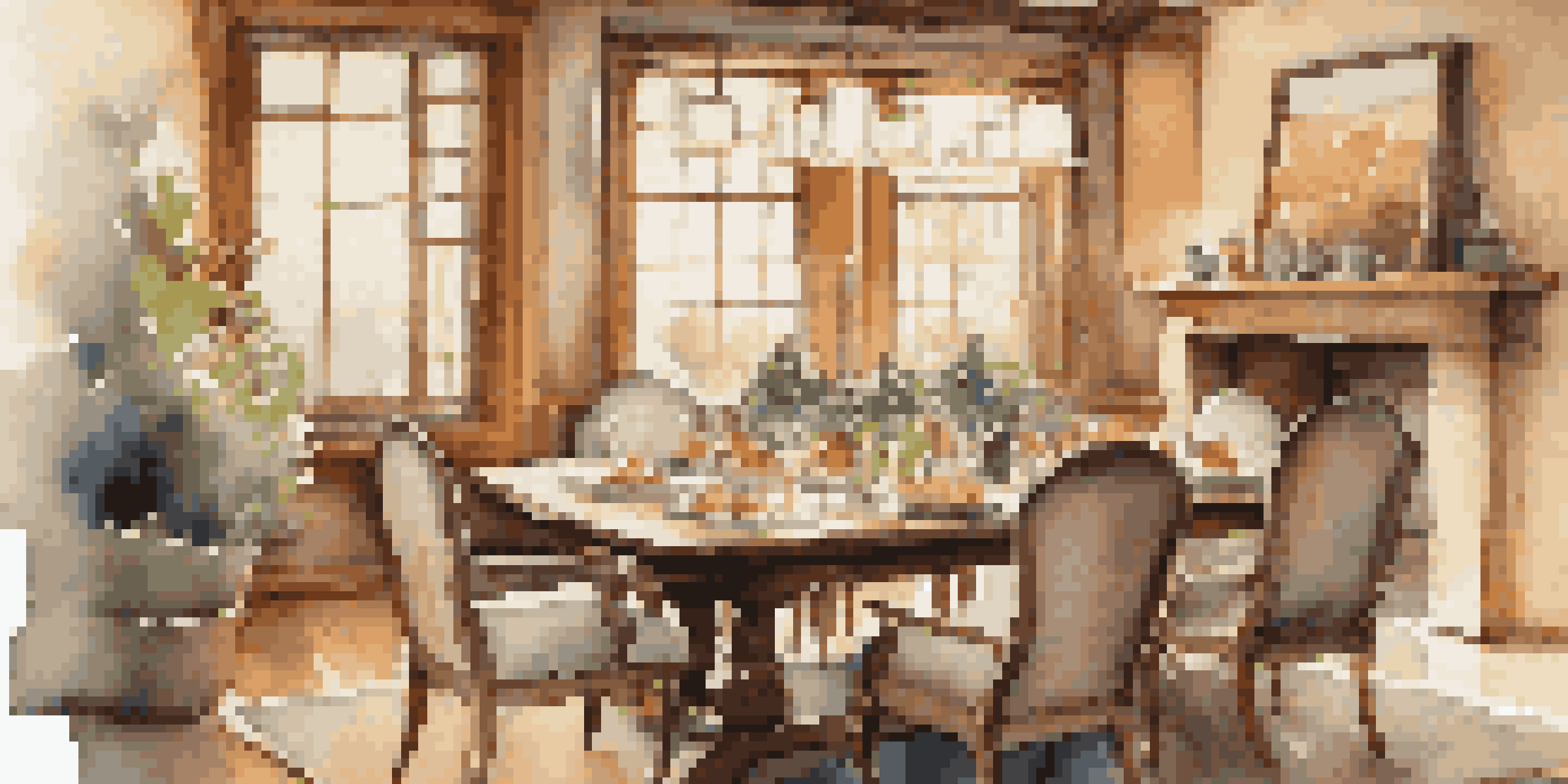 A warm and inviting indoor gathering space with a dining table set with candles and natural light coming through large windows.