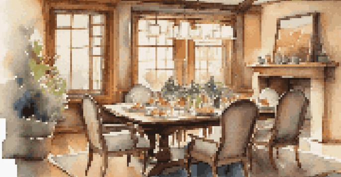 A warm and inviting indoor gathering space with a dining table set with candles and natural light coming through large windows.