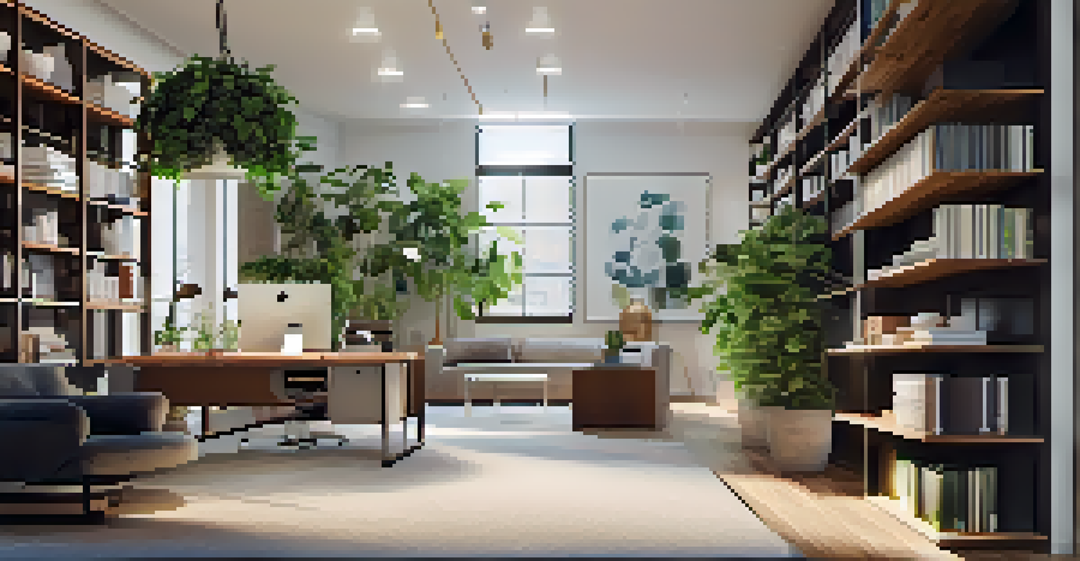 A modern office nook with a tall shelving unit divider, decorated with plants and artwork, illuminated by soft ambient lighting.