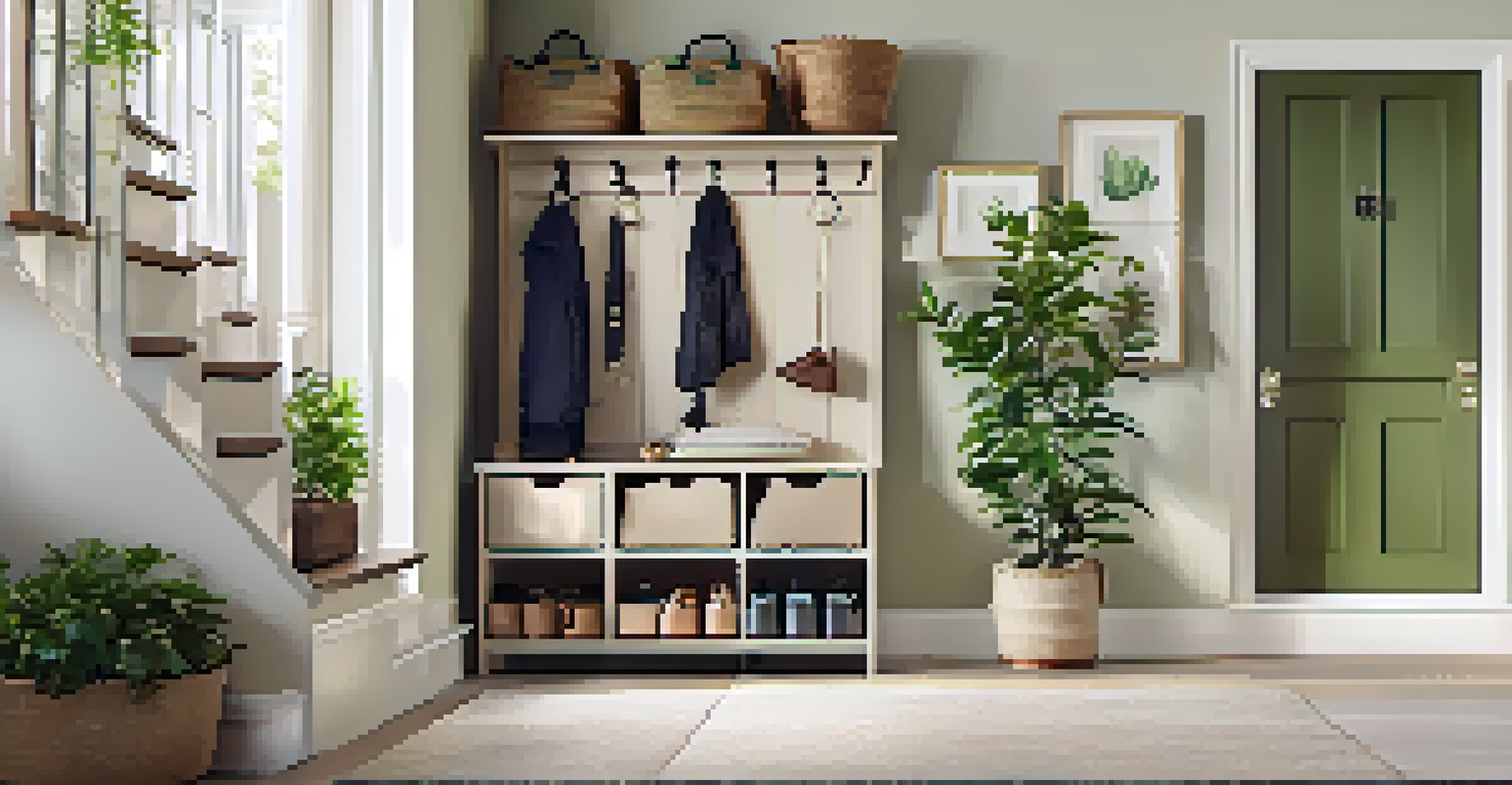 An organized entryway with a shoe rack and hooks for coats and bags. The area has a neutral color palette with green plants and decorative trays for keys.