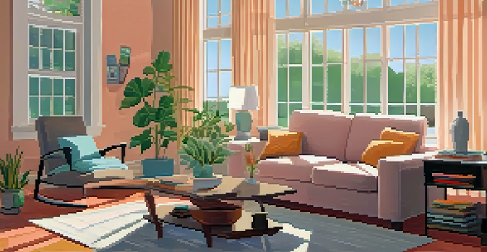A warm and inviting living room featuring a couch, coffee table with brochures, and sunlight streaming through a window.