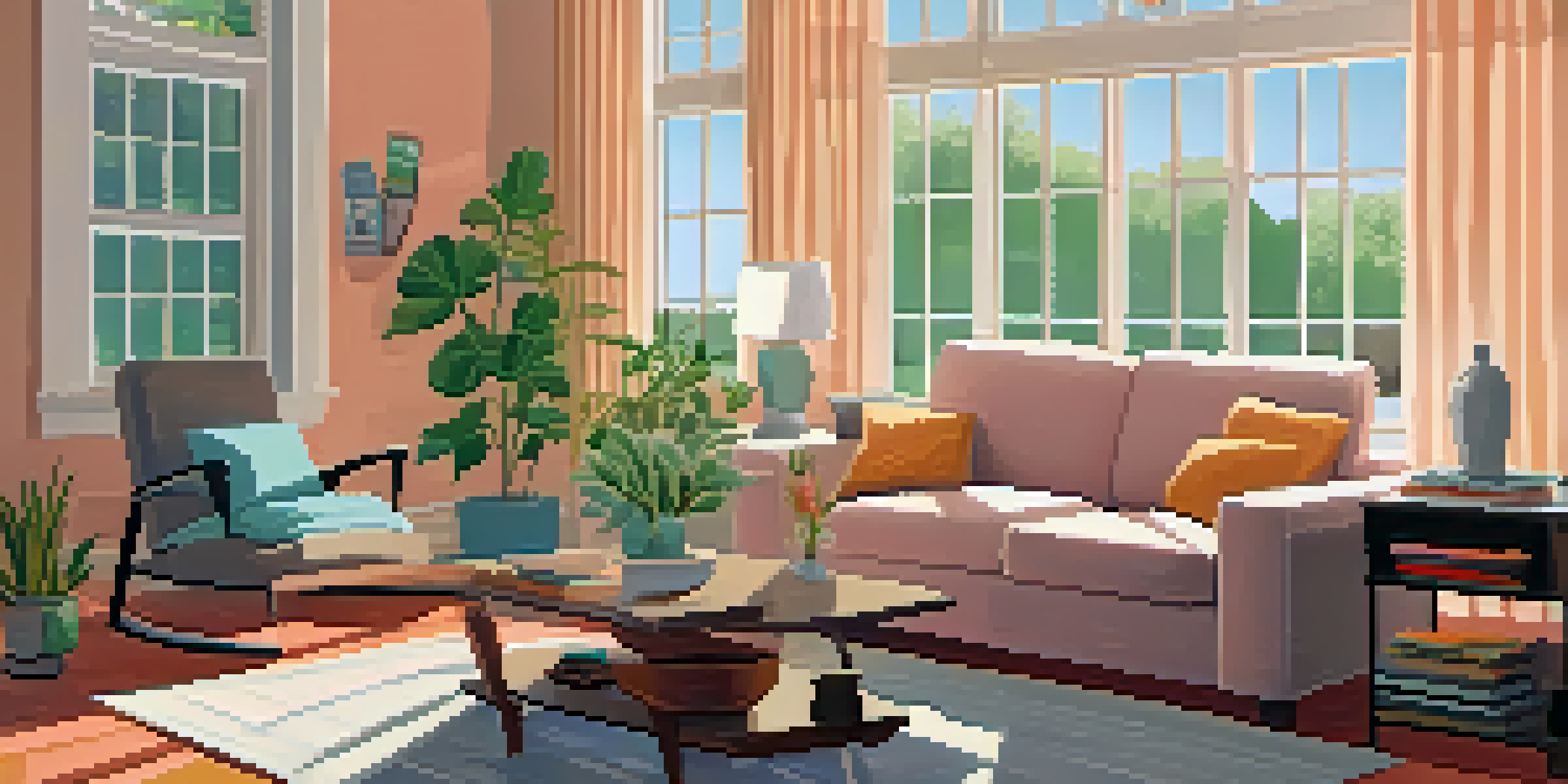 A warm and inviting living room featuring a couch, coffee table with brochures, and sunlight streaming through a window.