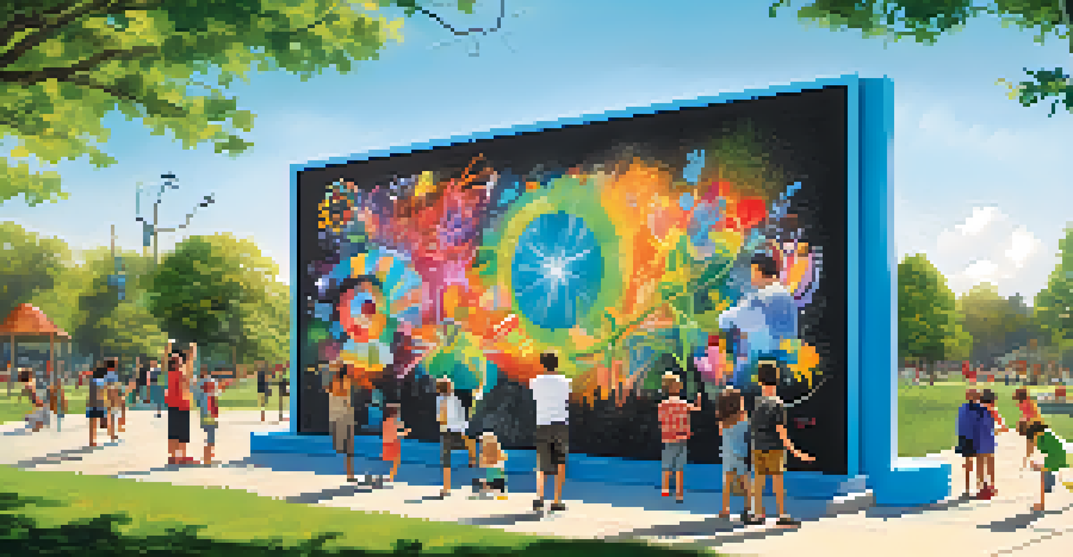A giant chalkboard wall in a park where people are drawing, showcasing a lively community atmosphere.