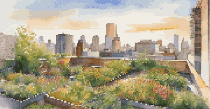 A colorful rooftop garden with various plants and flowers under warm sunlight, contrasting with a modern city skyline.