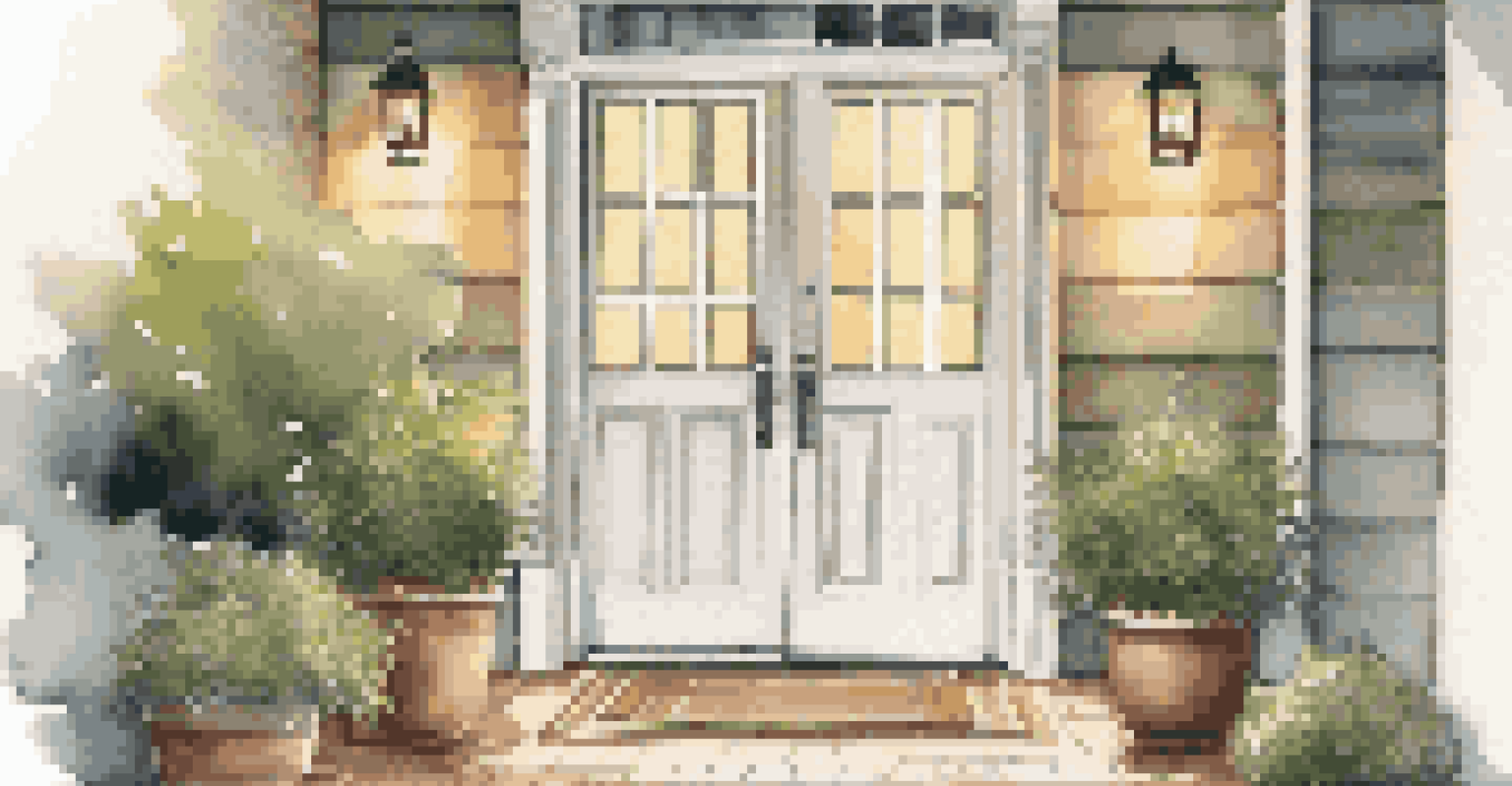 An inviting home entryway with a painted door, wreath, and potted plants, warmly lit during twilight.