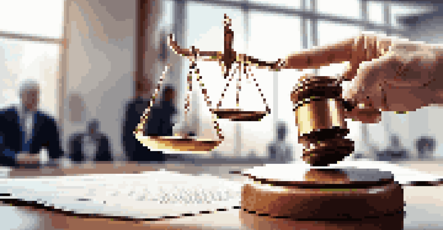 A pair of hands holding a scale and a gavel against a blurred office background, symbolizing justice in contracts.