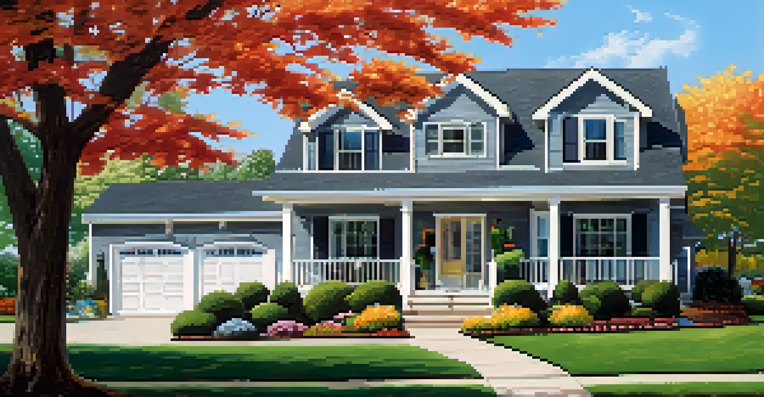 A suburban house with a 'Home Warranty Included' sign in the yard, surrounded by a beautiful garden and clear blue sky.