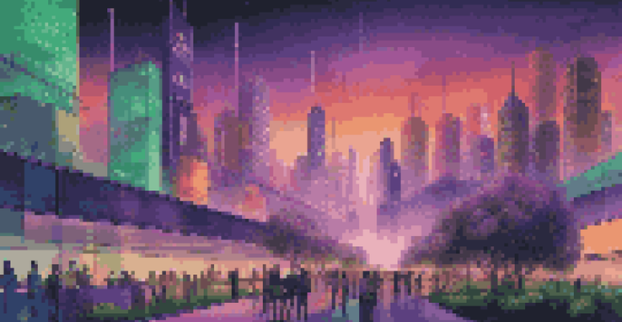 A futuristic city with digital screens and diverse people interacting with technology at dusk.