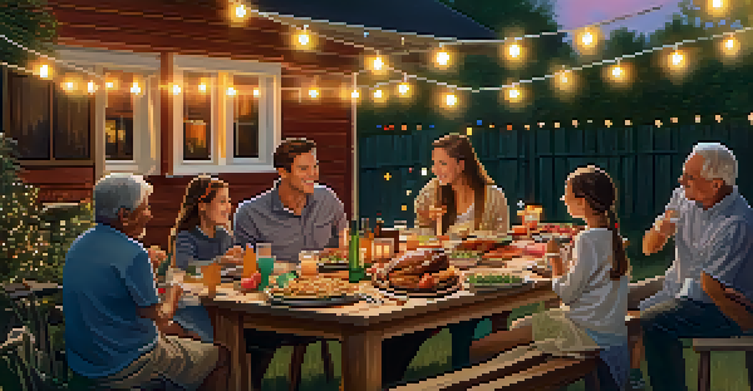 A family barbecue in the backyard with grandparents, parents, and children enjoying food together at a large table under string lights during sunset.