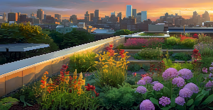 A lush green roof filled with native plants and flowers against a city skyline during sunset.