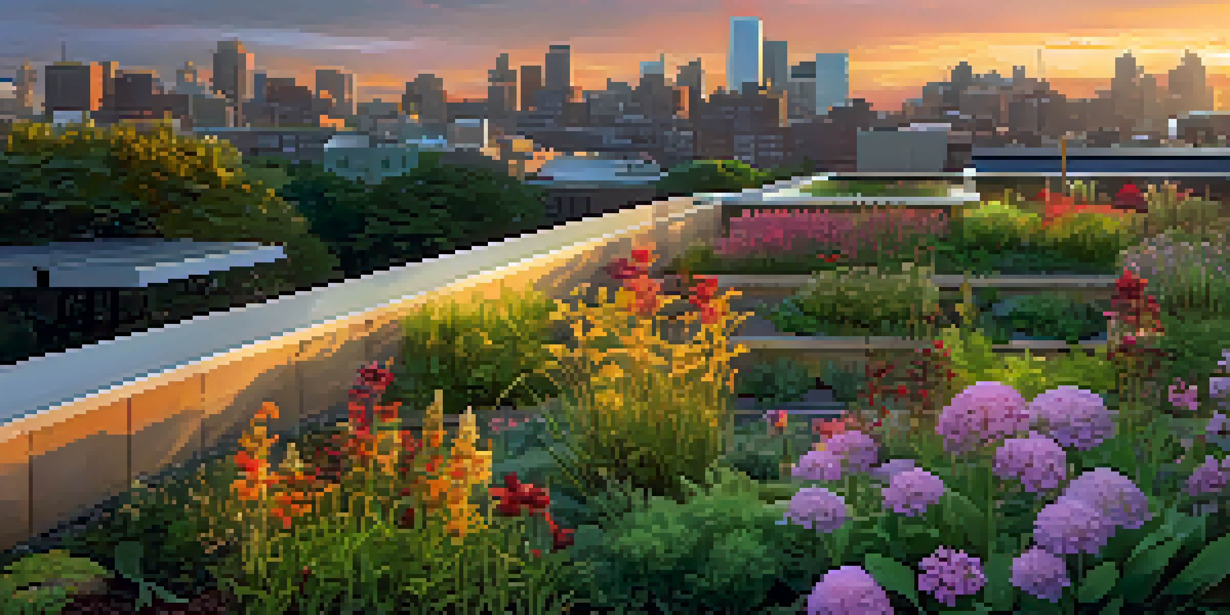 A lush green roof filled with native plants and flowers against a city skyline during sunset.