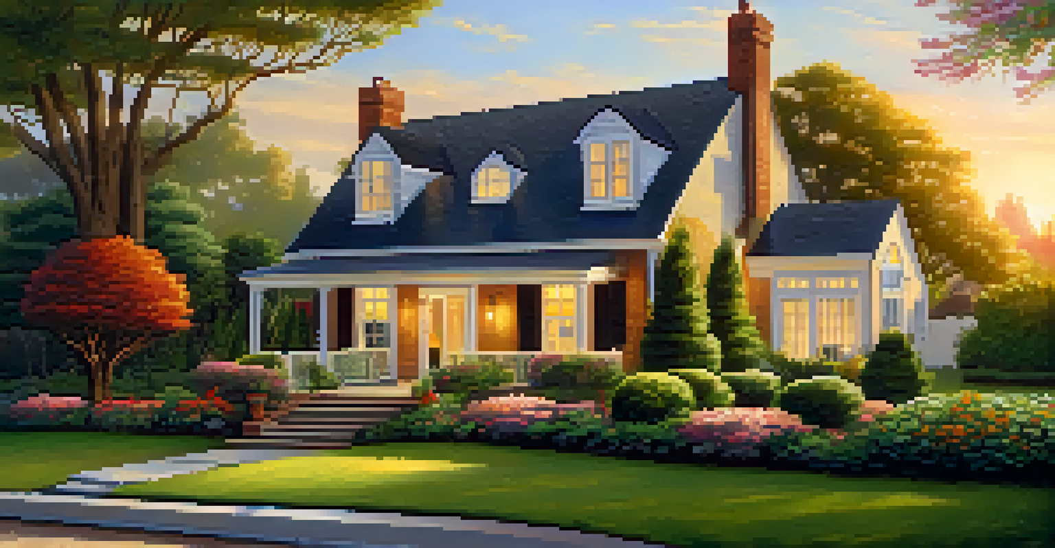 Charming house with a manicured garden and a 'For Sale' sign, illuminated by golden sunset light.